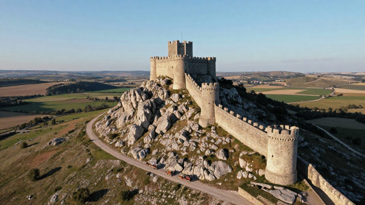 Fortaleza medieval de piedra situada en la cima de una colina escarpada que vigila un valle con rutas comerciales y tierras de cultivo.