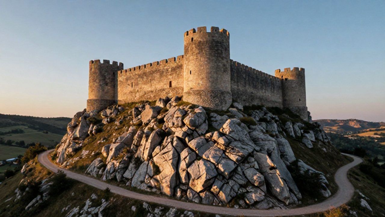 Fortaleza medieval de piedra con altas torres y murallas situadas en la cima de una colina escarpada que domina un valle circundante.