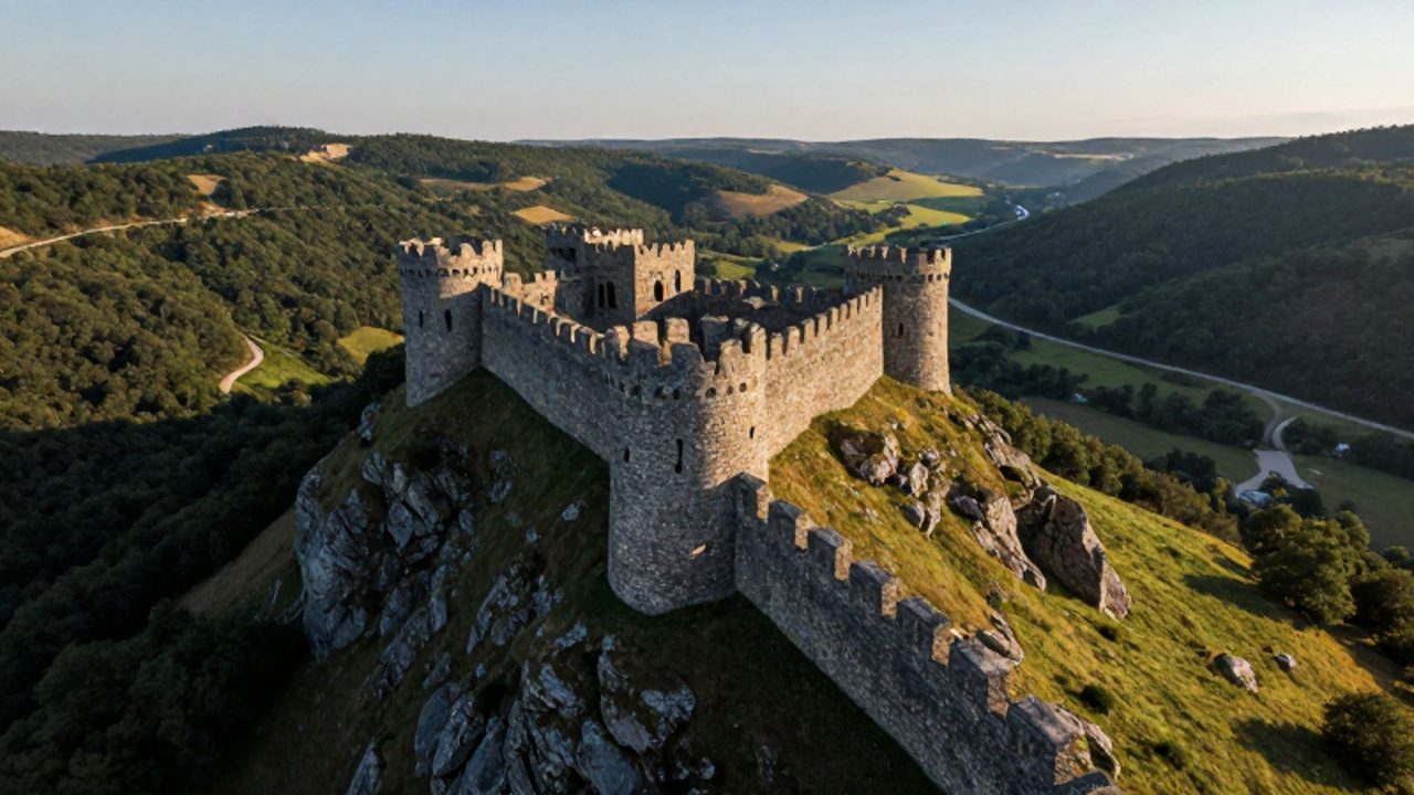 Fortaleza medieval de piedra construida sobre la cima de una colina escarpada con vistas estratégicas a un valle y un río.