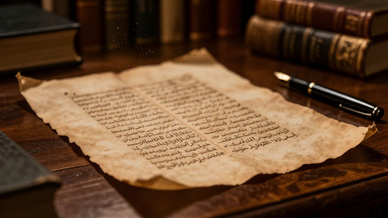 Manuscrito antiguo de pergamino con caligrafía árabe y española sobre un escritorio de madera, junto a una pluma estilográfica.