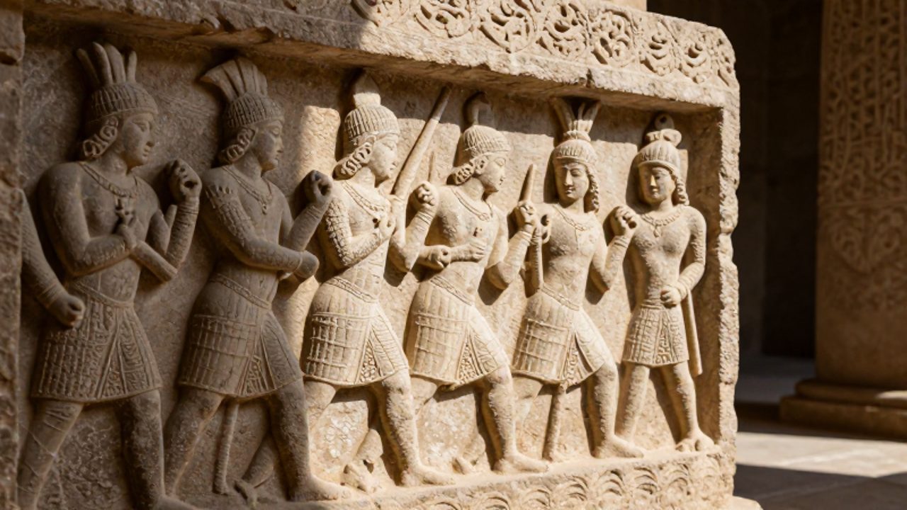 Relieve antiguo tallado en piedra que muestra una procesión de guerreros y figuras históricas en una escena de batalla.