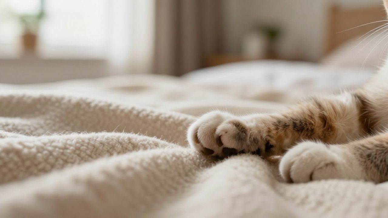 Las patas de un gato amasando rítmicamente una manta de lana suave y gruesa.