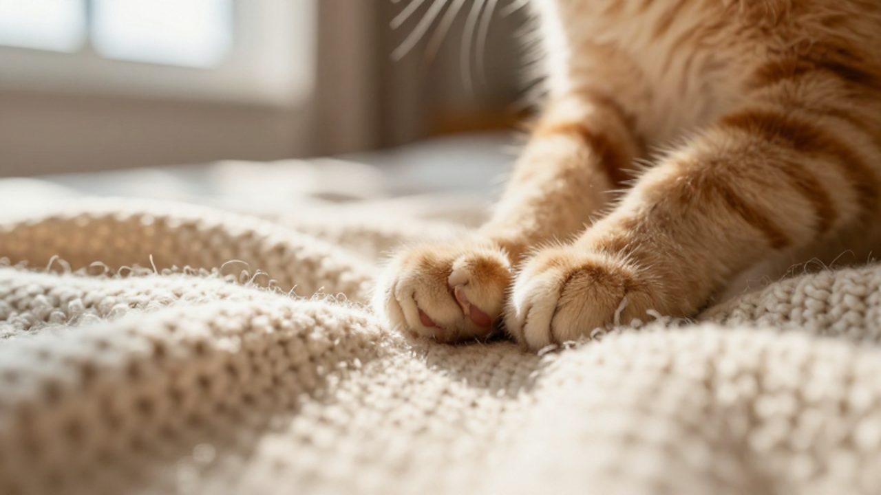 Primer plano de las patas de un gato amasando rítmicamente una manta de lana suave en un ambiente acogedor.
