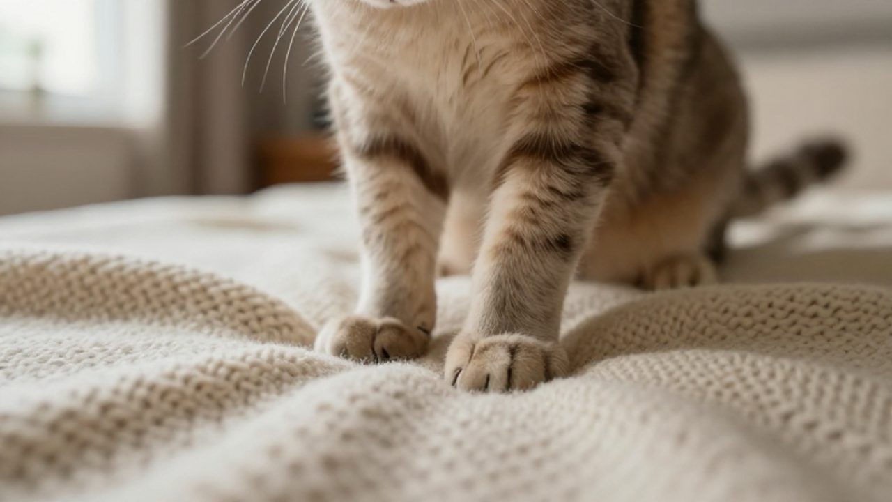 Primer plano de las patas de un gato amasando rítmicamente una manta de lana suave y gruesa.