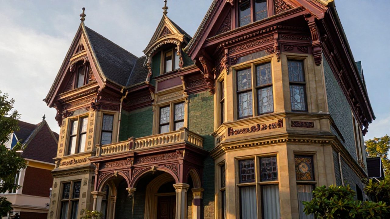 Fachada de una casa victoriana que muestra la mezcla de arcos neogóticos, torres asimétricas y techos de Mansarda con ornamentos de madera y piedra.