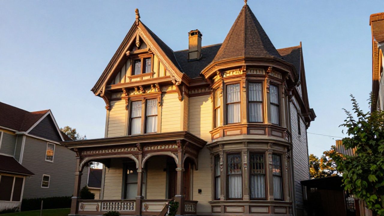 Fachada de una mansión victoriana con torre asimétrica, techos de mansarda y detalles ornamentales de madera tallada.