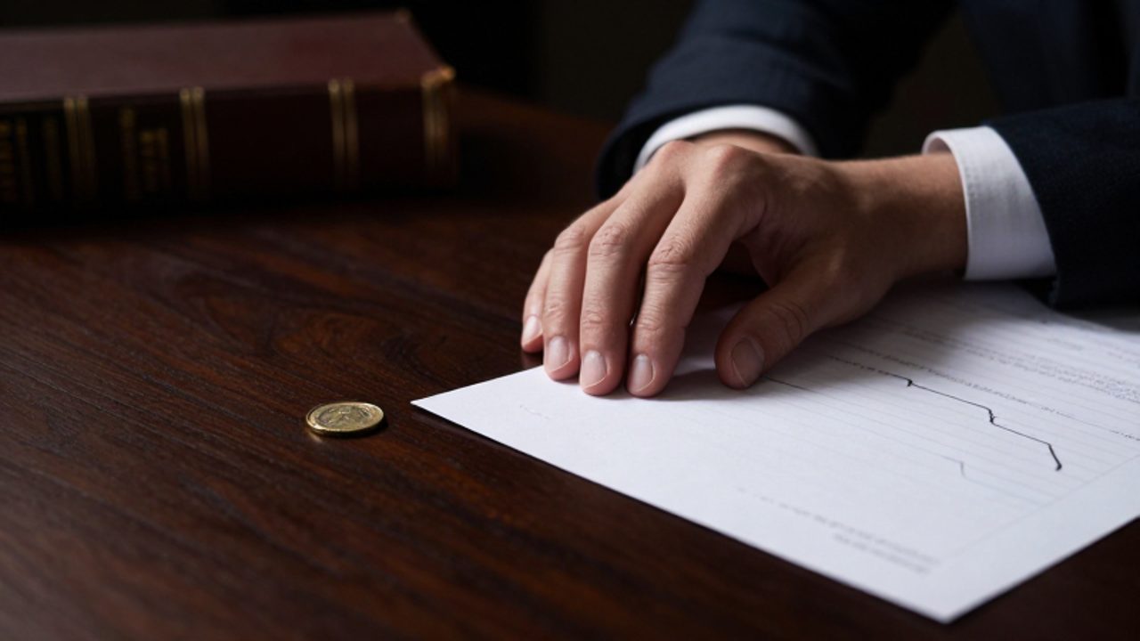 Manos de una persona en tensión sobre un escritorio de madera junto a una moneda y un gráfico con tendencia descendente.