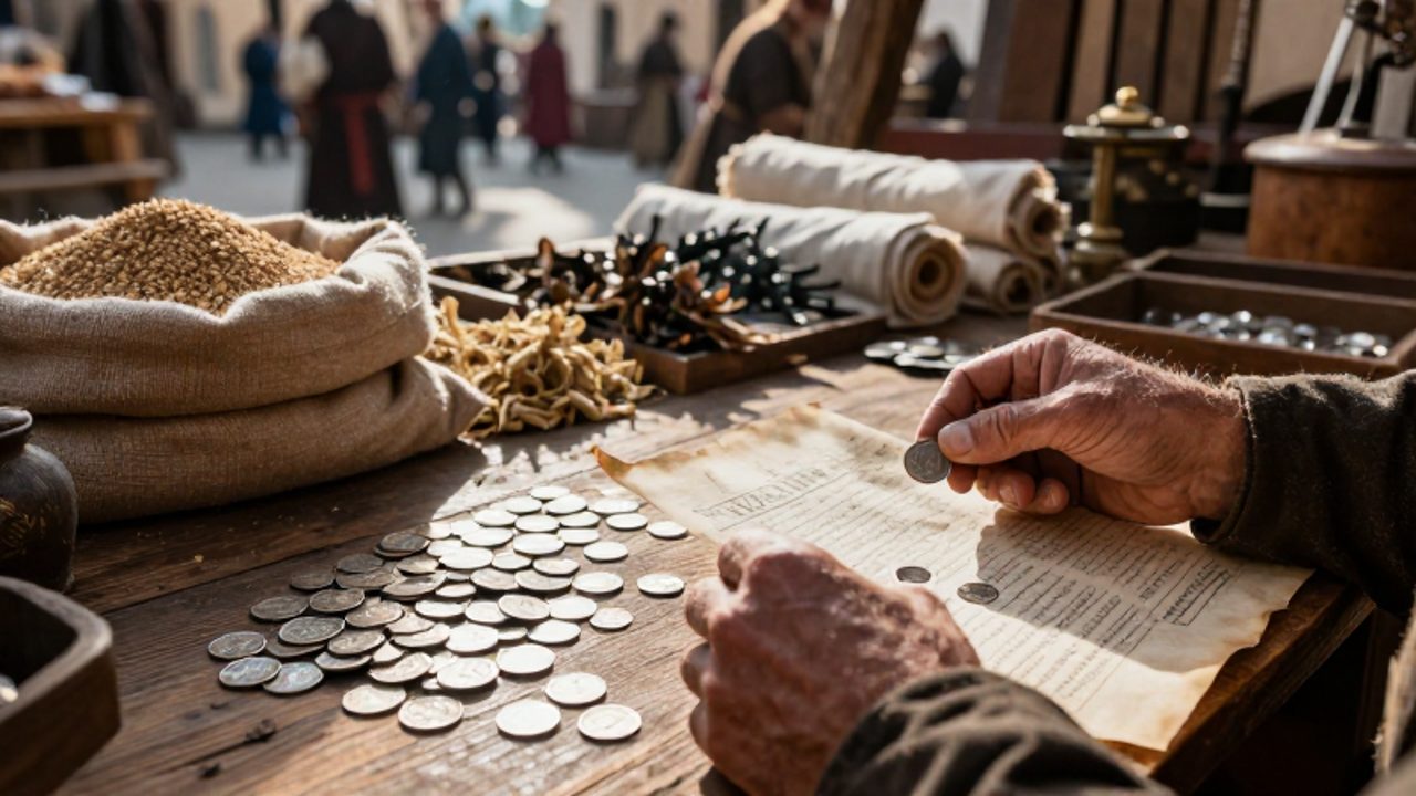 Manos de un mercader medieval contando monedas de plata sobre un escritorio de madera junto a un libro de contabilidad en un mercado con productos comerciales.