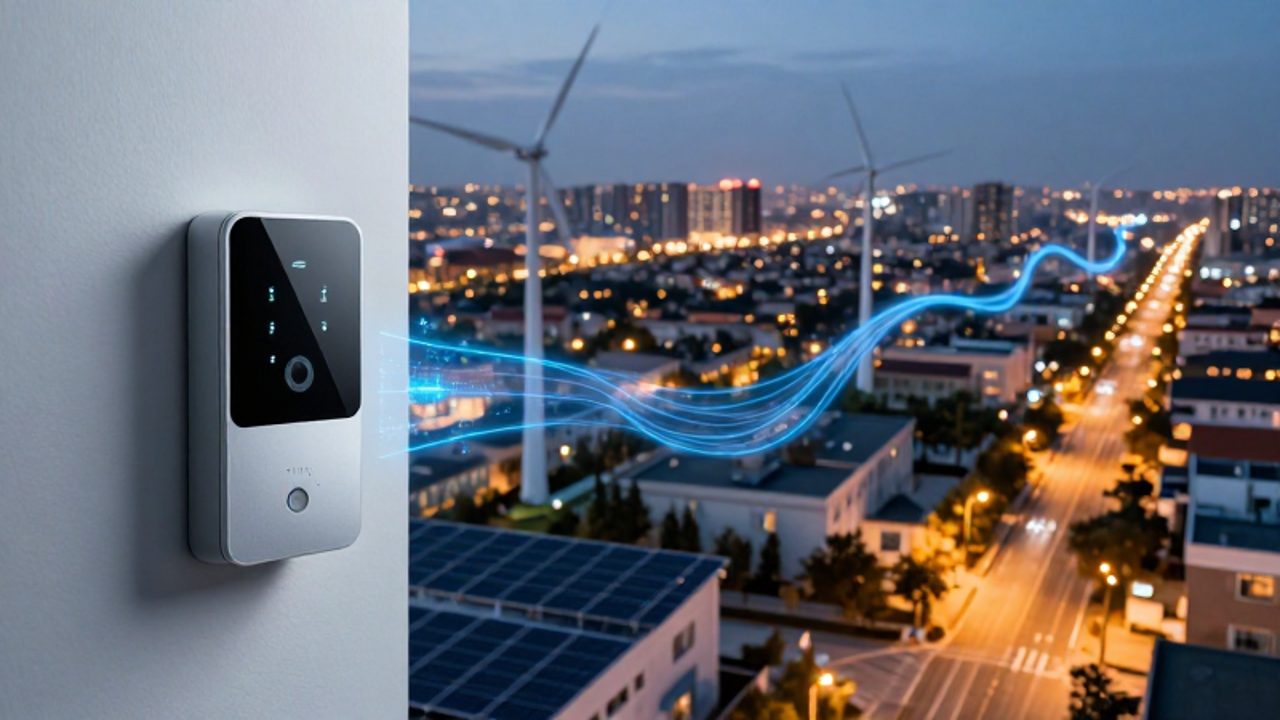 Un medidor inteligente en primer plano conecta con una ciudad moderna iluminada, donde trazos de luz azul representan el flujo bidireccional de datos y energía entre hogares y redes de energía renovable.