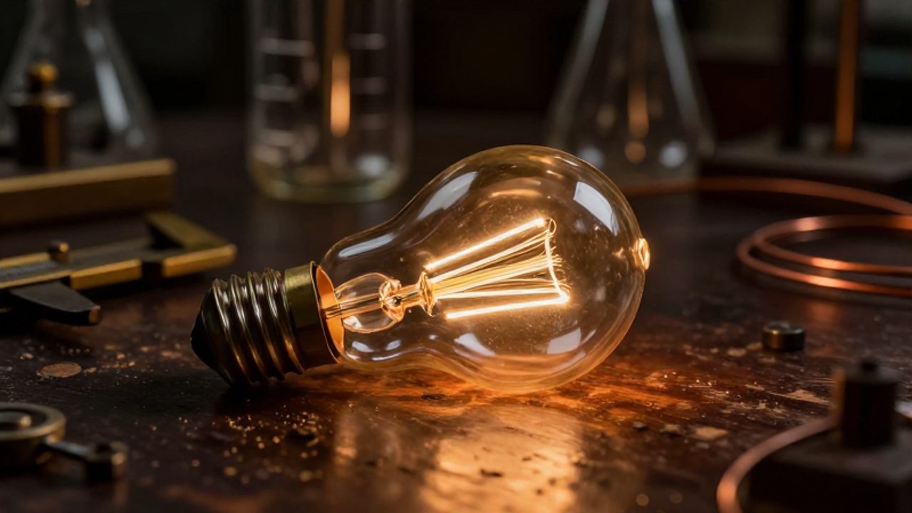 Bombilla incandescente antigua con un filamento de carbono encendido sobre un banco de madera en un laboratorio del siglo XIX.