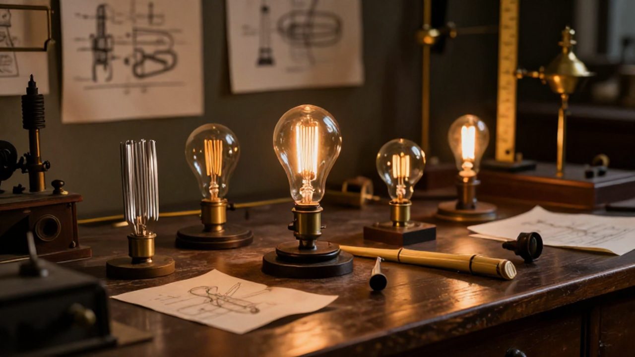 Varios prototipos de bombillas de distintos materiales, como filamentos de bambú y platino, esparcidos sobre un banco de trabajo de un laboratorio del siglo XIX.