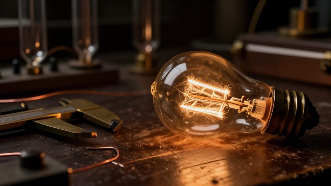Bombilla de cristal antigua encendida con un filamento de bambú carbonizado sobre una mesa de laboratorio de madera.