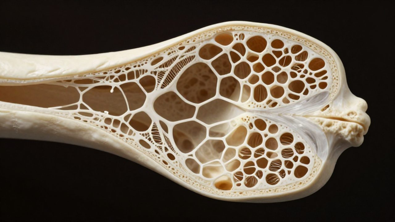 Primer plano de la estructura interna de un hueso humano que muestra la red de poros y trabéculas similar a un panal.