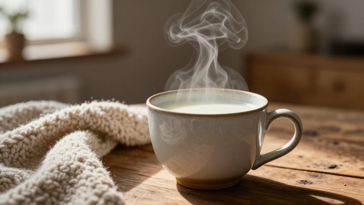 Taza de cerámica con leche caliente humeante sobre una mesa de madera junto a una manta de lana en un ambiente acogedor.