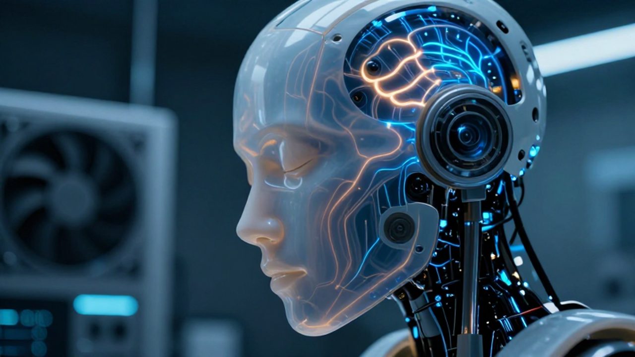 Primer plano de la cabeza de un robot humanoide con redes neuronales brillantes bajo su piel sintética, simulando un estado de sueño en un laboratorio oscuro.