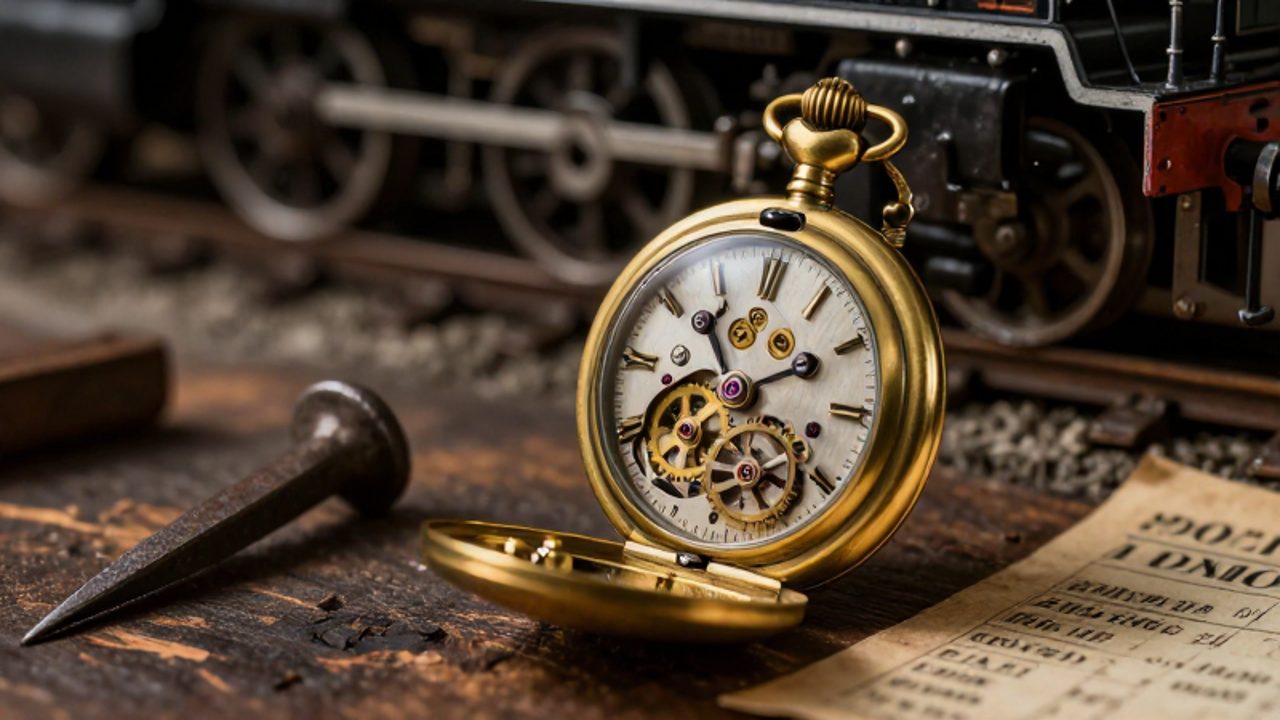 Reloj de bolsillo de latón abierto mostrando su complejo mecanismo de engranajes junto a un clavo de ferrocarril y un horario de trenes antiguo sobre madera.