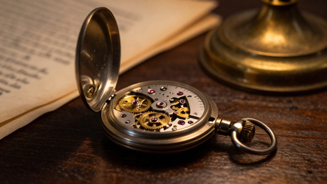 Primer plano de los intrincados engranajes y componentes mecánicos de un reloj de bolsillo antiguo abierto sobre una mesa de madera.