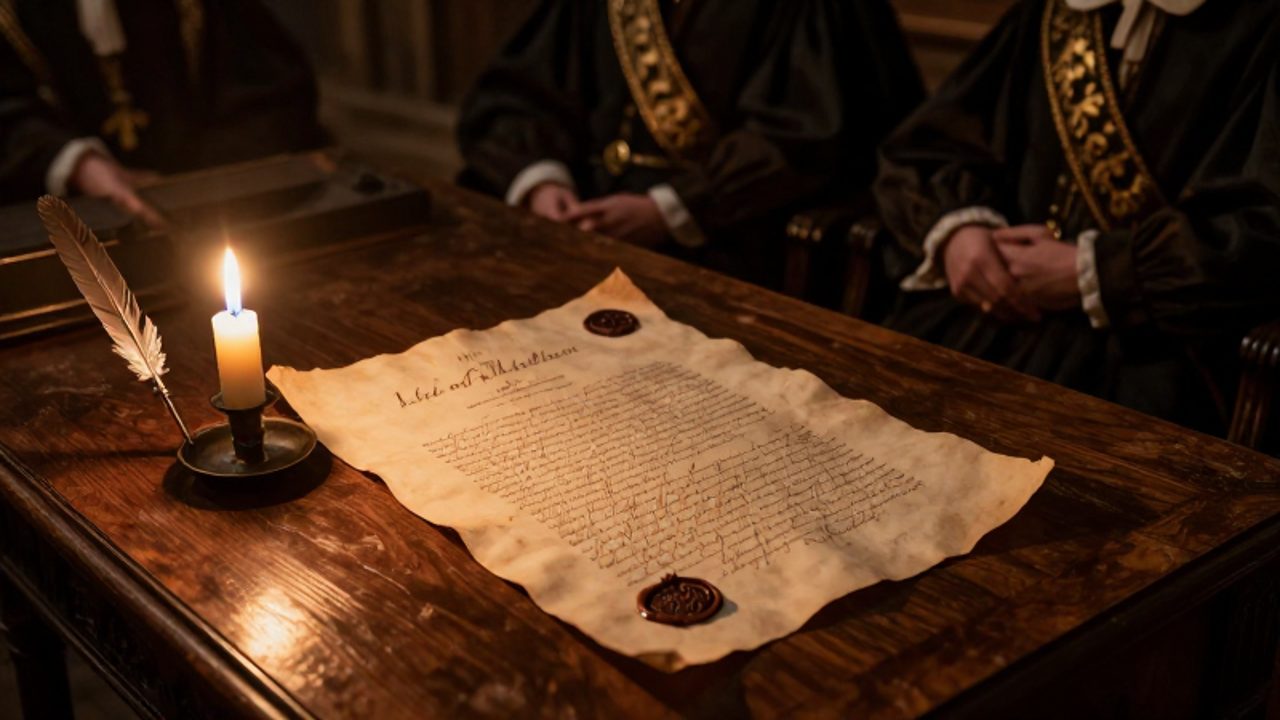 Un pergamino antiguo con sellos de cera y caligrafía elegante sobre una mesa de madera, con la silueta de nobles polacos en una reunión política al fondo.