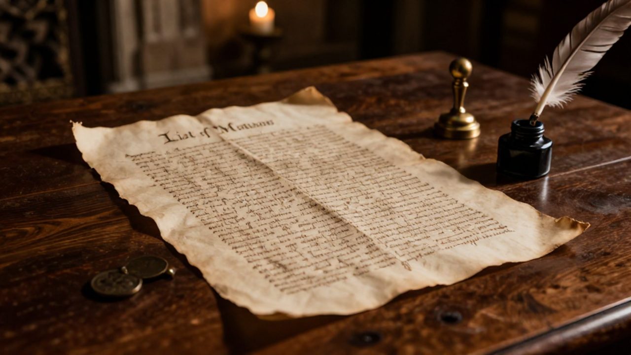 Pergamino antiguo con caligrafía manuscrita sobre una mesa de madera, acompañado de una pluma y un sello de cera en un estudio real de época.