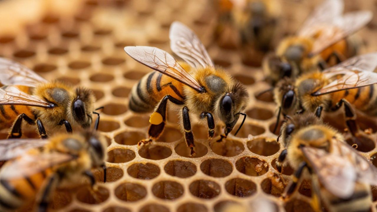 Una abeja realiza movimientos circulares sobre un panal de cera dorado mientras otras abejas la observan alrededor.