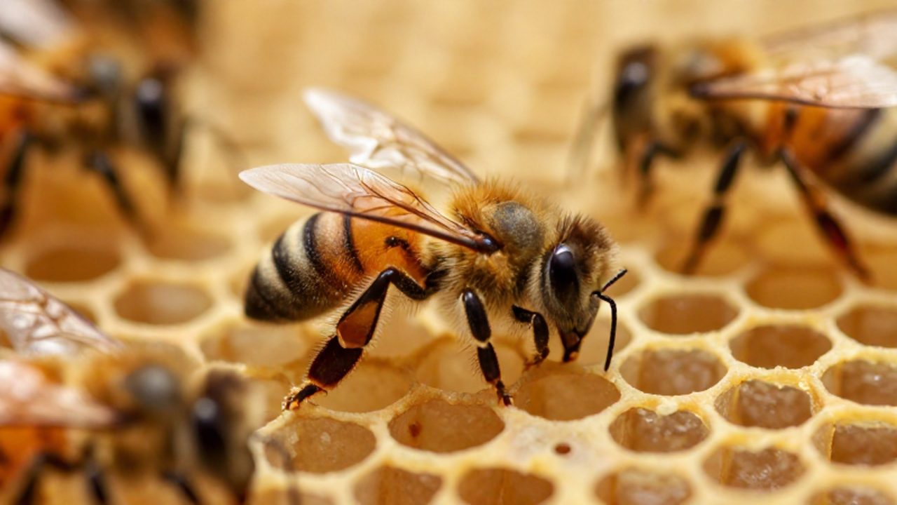 Abeja realizando el baile del meneo sobre un panal de cera para comunicarse con su colonia.