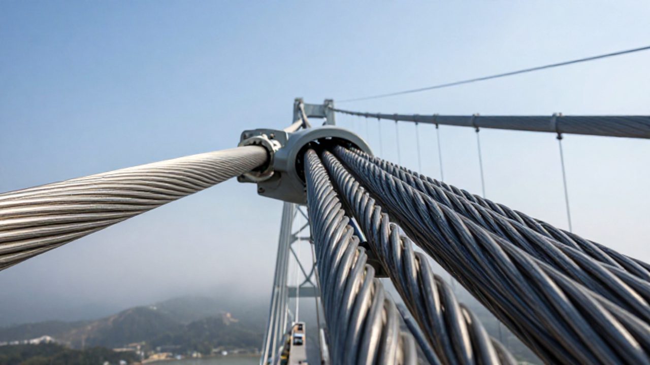 Primer plano de los cables de acero galvanizado entrelazados que forman la estructura principal de un puente colgante bajo un cielo despejado.