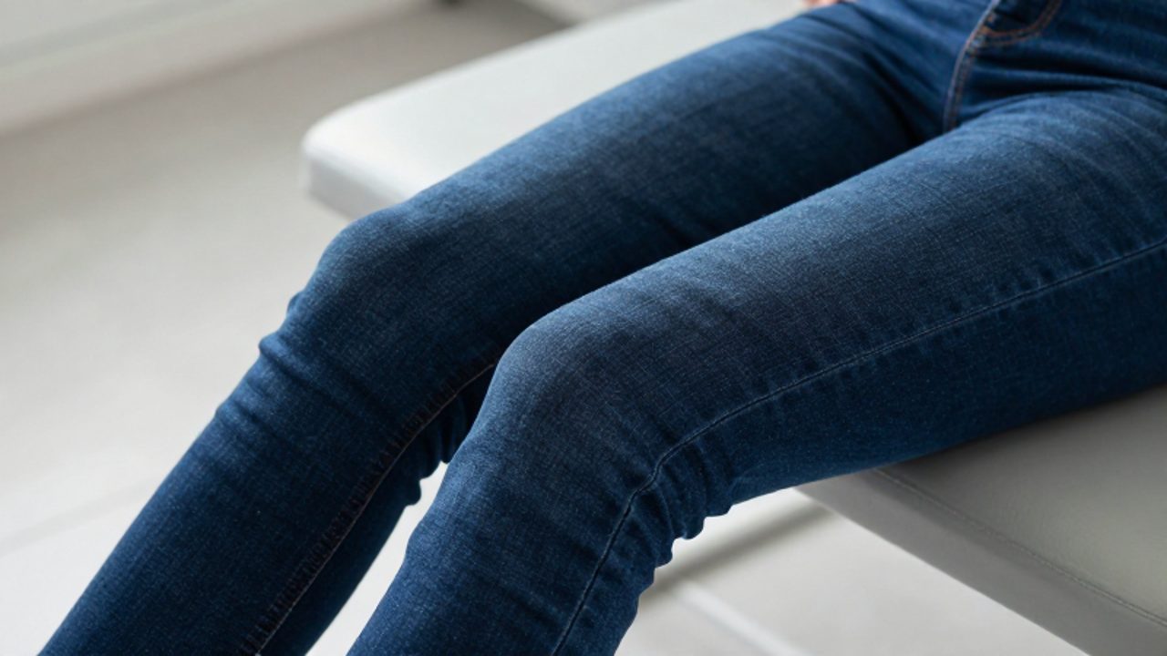 Primer plano de las piernas de una persona sentada con jeans de denim oscuro muy ajustados que ejercen presión sobre los músculos de los muslos y las pantorrillas.