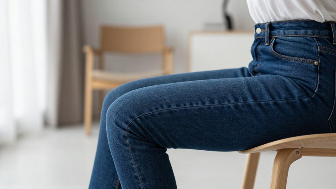 Persona sentada en un ambiente luminoso con jeans ajustados que ejercen presión sobre la zona de la cadera y los muslos.