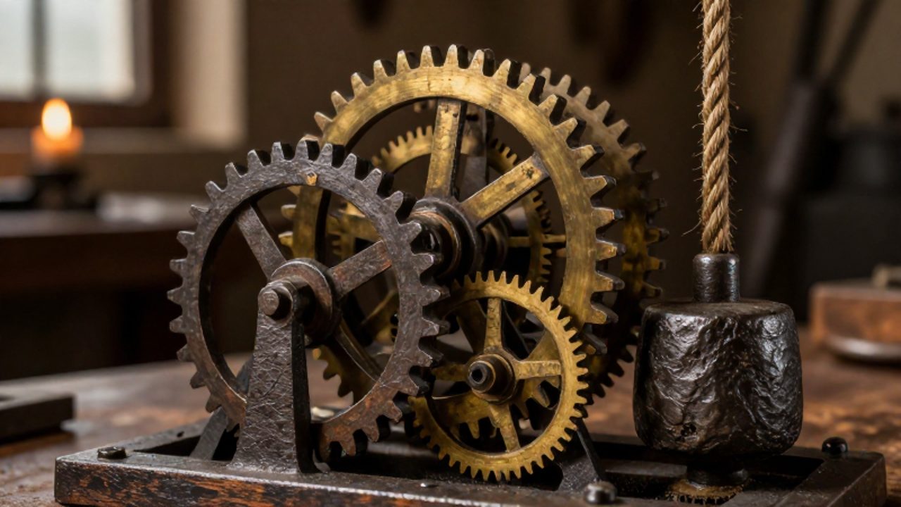 Engranajes de hierro y latón entrelazados de un mecanismo de reloj medieval junto a una cuerda tensada por un contrapeso de piedra.