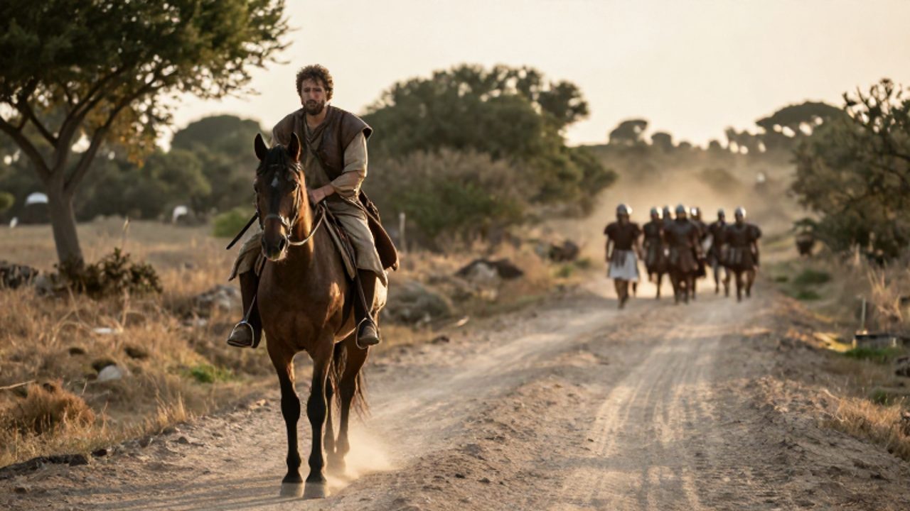 Viajero medieval a caballo recorre un camino de tierra por el lado izquierdo, mientras soldados romanos marchan a lo lejos en un paisaje antiguo.