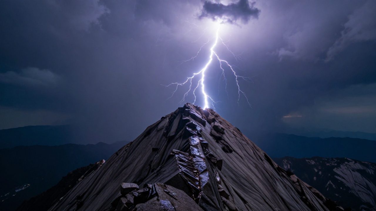 Un rayo impacta directamente en la cima de una montaña de granito durante una tormenta eléctrica bajo un cielo oscuro de nubes cumulonimbos.