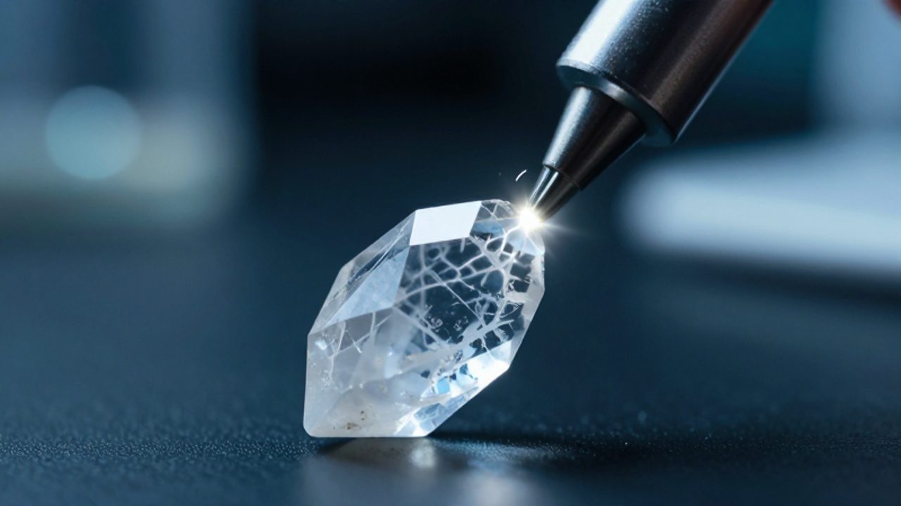 Una sonda metálica presiona un cristal de cuarzo translúcido para ilustrar la generación de energía eléctrica por presión mecánica.