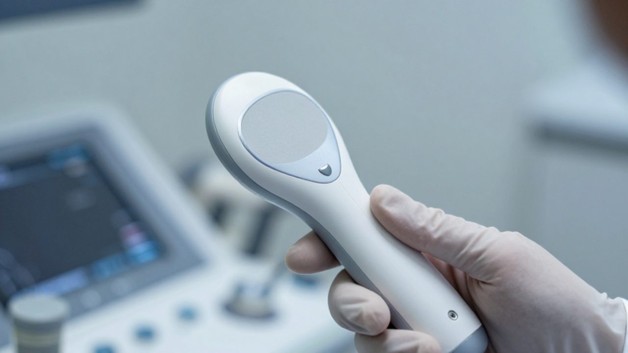 Un médico con guantes sostiene una sonda de ultrasonido en un entorno clínico profesional.