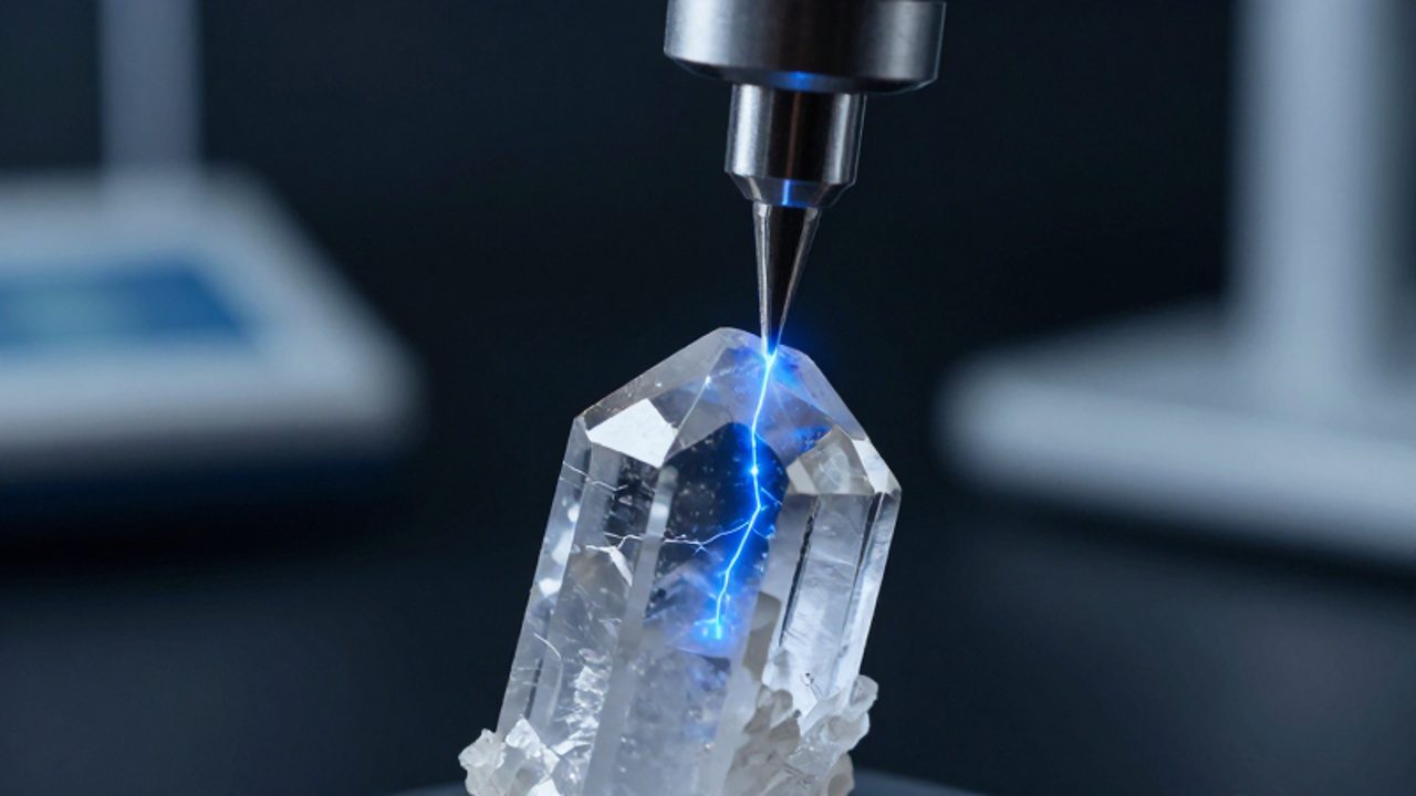 Un cristal de cuarzo traslúcido emite destellos eléctricos azules al ser presionado por una sonda mecánica en un entorno de laboratorio.