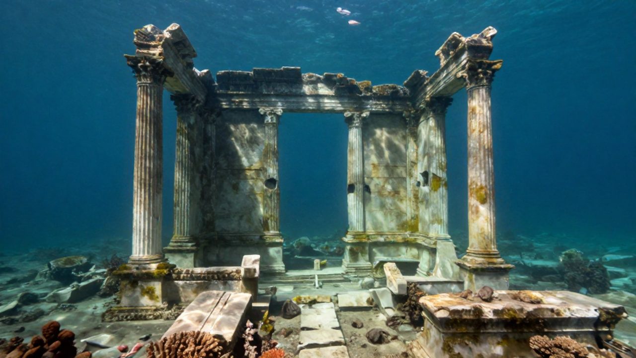 Ruinas de una antigua civilización con columnas de piedra sumergidas en el fondo del océano bajo la luz solar marina.