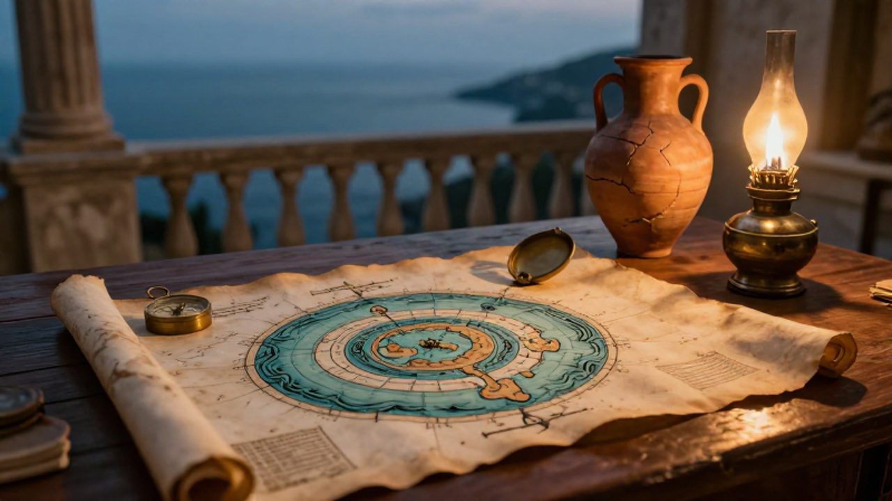 Mapa antiguo sobre un escritorio de madera que muestra una isla con anillos concéntricos, junto a una brújula de bronce y una lámpara de aceite.