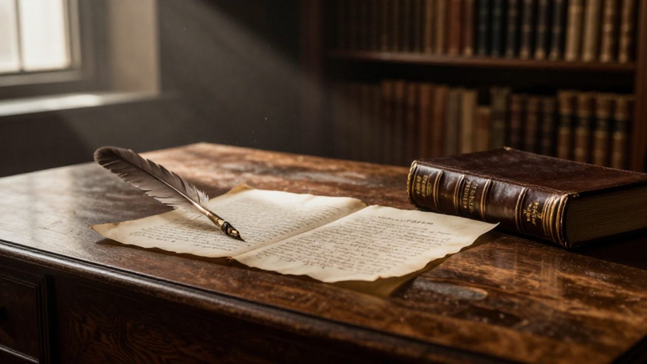 Manuscrito antiguo con una pluma y un libro de leyes de cuero sobre un escritorio de madera en un estudio histórico.
