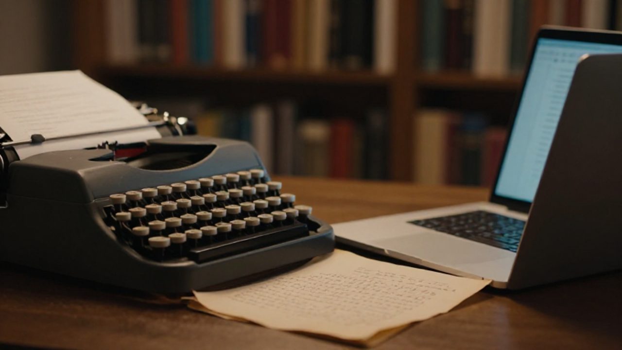 Una máquina de escribir antigua junto a un ordenador portátil moderno sobre un escritorio, representando la transición de los manuscritos físicos a la era digital.