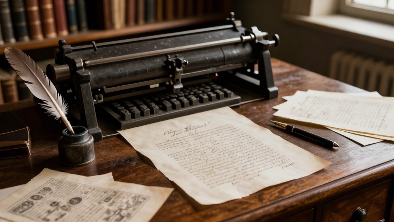 Manuscrito antiguo de caligrafía elegante junto a un bloque de imprenta metálica, una pluma y un tintero sobre un escritorio de madera.
