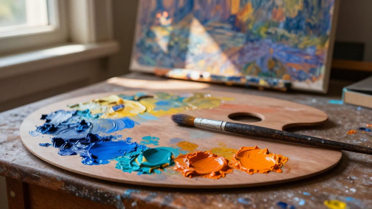 Paleta de madera con pinceles y montones de pintura al óleo con textura gruesa sobre una mesa de estudio de artista.