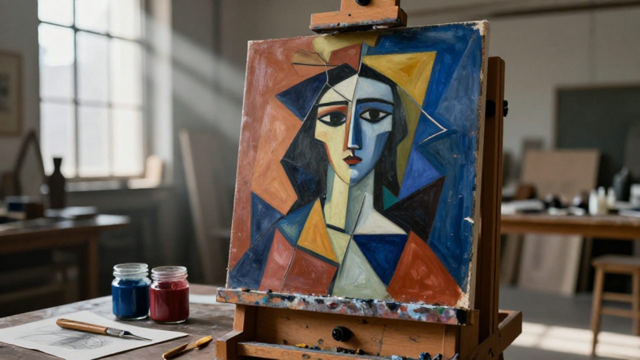 Un lienzo con una pintura de estilo cubista sobre un caballete de madera en un estudio de arte iluminado por la luz natural.