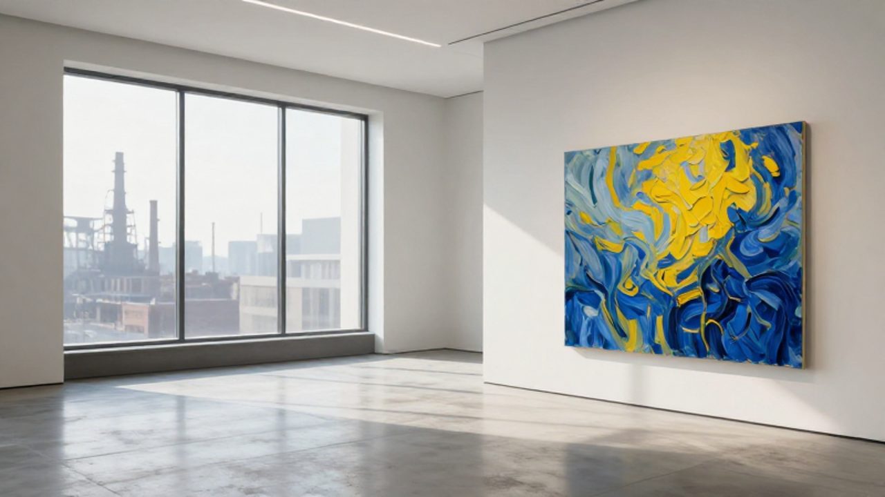 Cuadro de pinceladas marcadas en azul y amarillo expuesto en una galería de arte moderna con luz natural y suelo de hormigón.