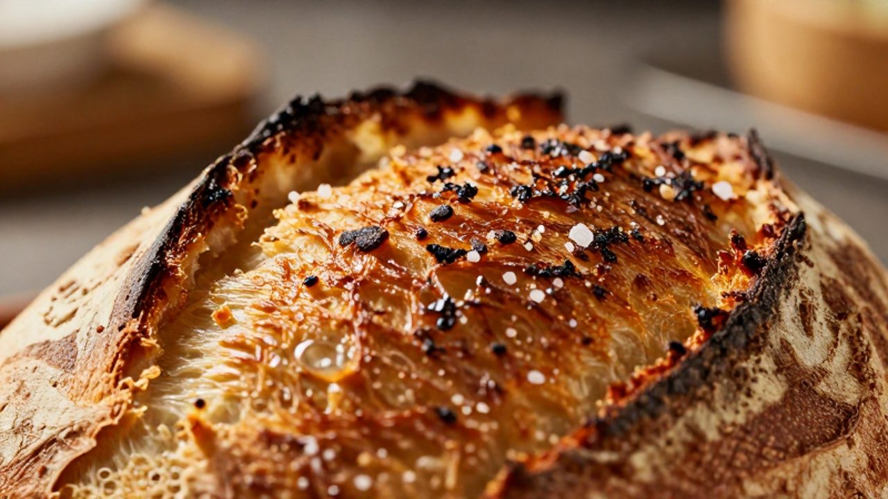Primer plano detallado de la corteza de una rebanada de pan de masa madre con una textura rugosa y tonos dorados y tostados por la reacción de Maillard.