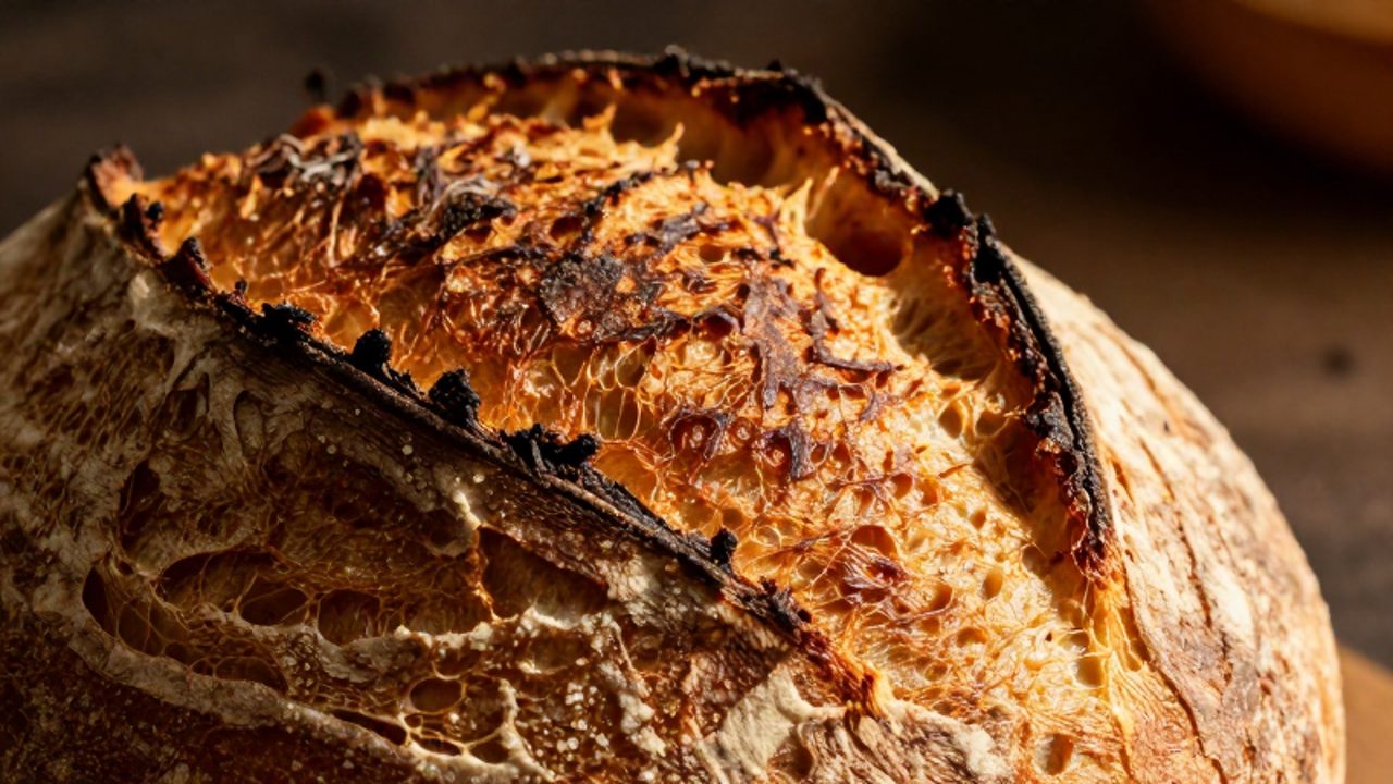 Primer plano de una rebanada de pan de masa madre con una corteza dorada y crujiente que muestra la textura rugosa de la reacción de Maillard.