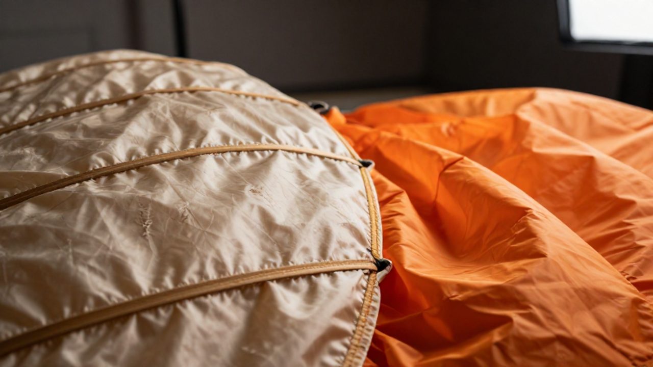Contraste de texturas entre una tela de seda antigua con varillas de madera y un tejido de nylon moderno de color naranja vibrante.