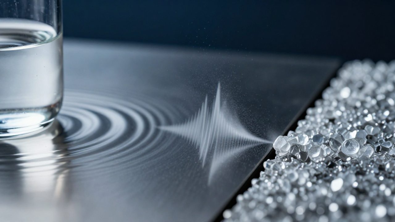 Representación visual de ondas sonoras propagándose a través de tres medios distintos: ondas en un líquido, vibraciones en una placa metálica y estructuras cristalinas en un sólido.