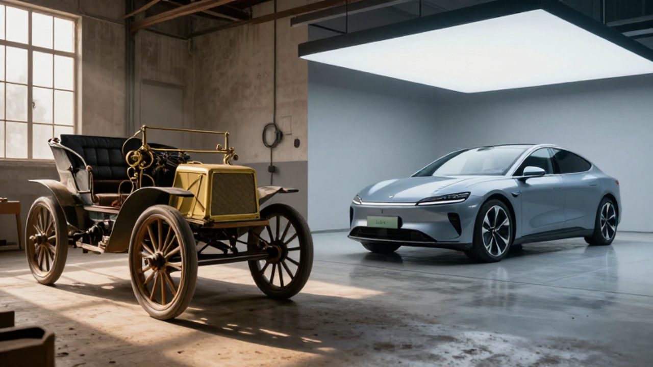 Comparativa entre un antiguo Benz Patent-Motorwagen de finales del siglo XIX y un moderno vehículo eléctrico en un entorno de garaje tecnológico.