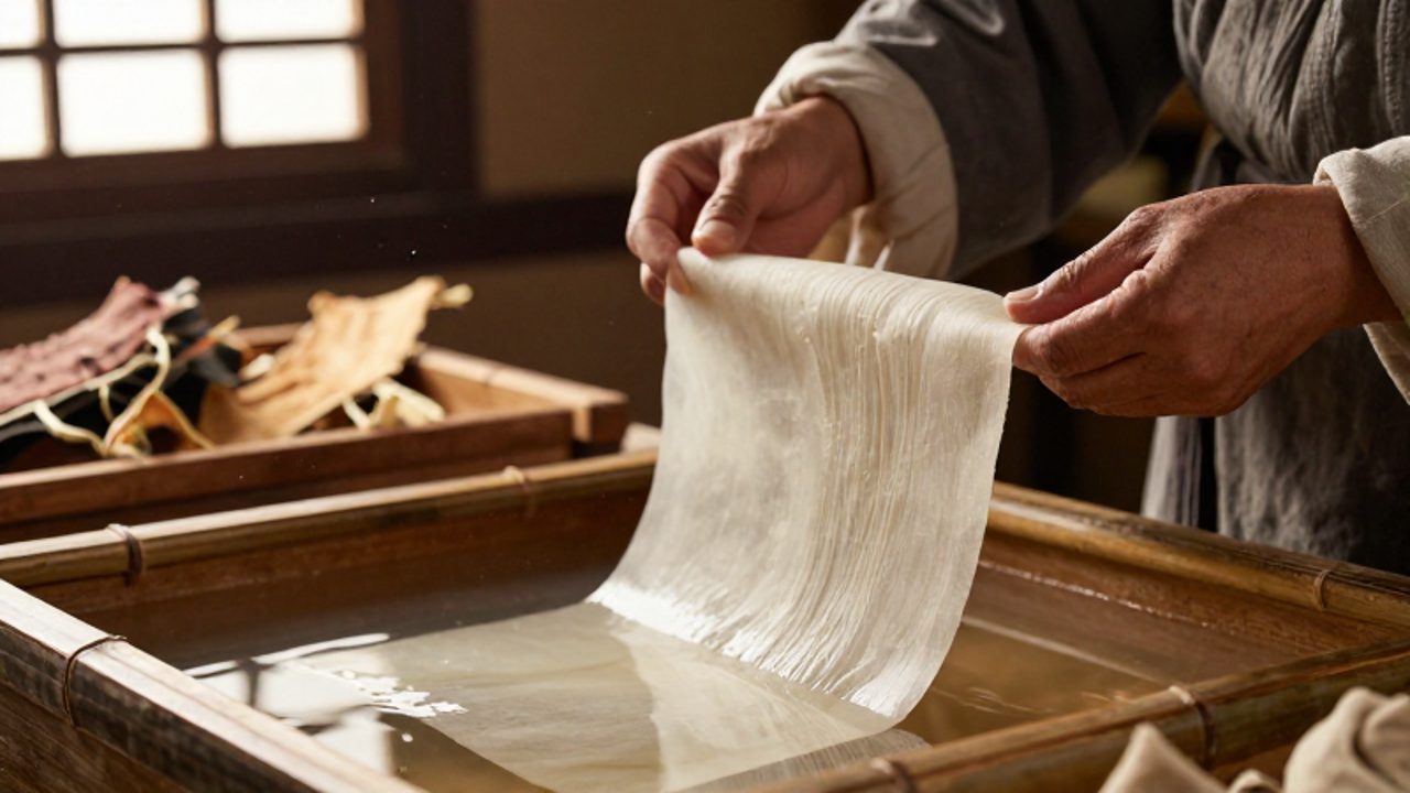 Unos eruditos chinos de la dinastía Han levantan cuidadosamente una fina lámina de papel artesanal de un bastidor de bambú en un taller antiguo.
