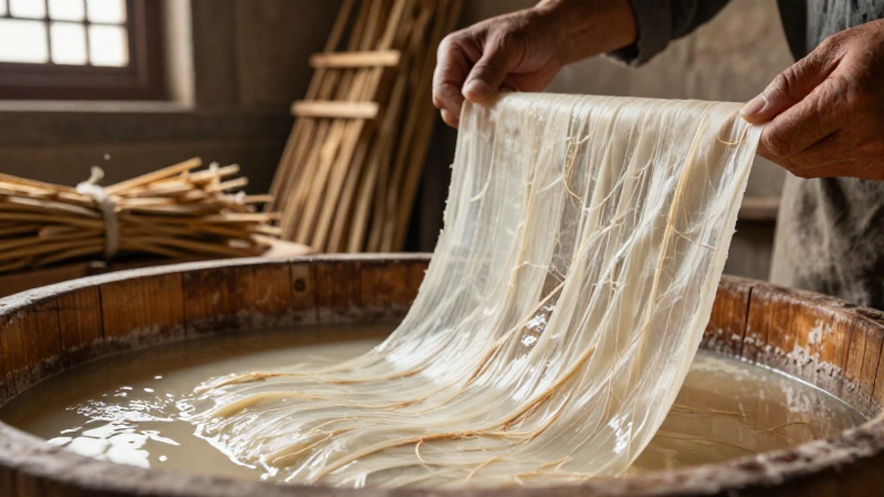 Unas manos artesanas levantan una lámina de papel húmedo con fibras visibles desde un cuenco de madera en un taller antiguo.