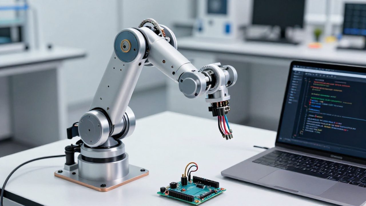 Prototipo de brazo robótico con componentes expuestos sobre un banco de trabajo junto a una placa Raspberry Pi, un Arduino y un ordenador con código de programación.